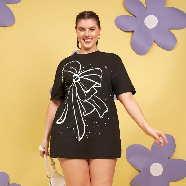 

Plus Bow Print Mini Tee Dress, Black