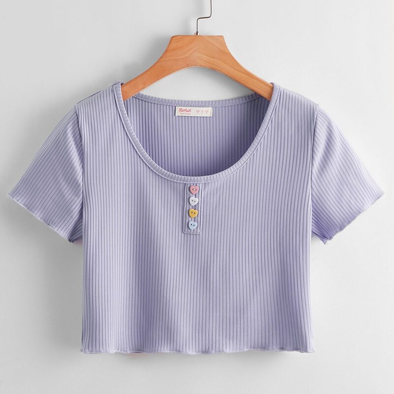 

Heart-button Ribbed Tee, Lilac purple