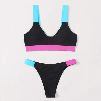 Contrast Binding Thong Bikini Swimsuit
