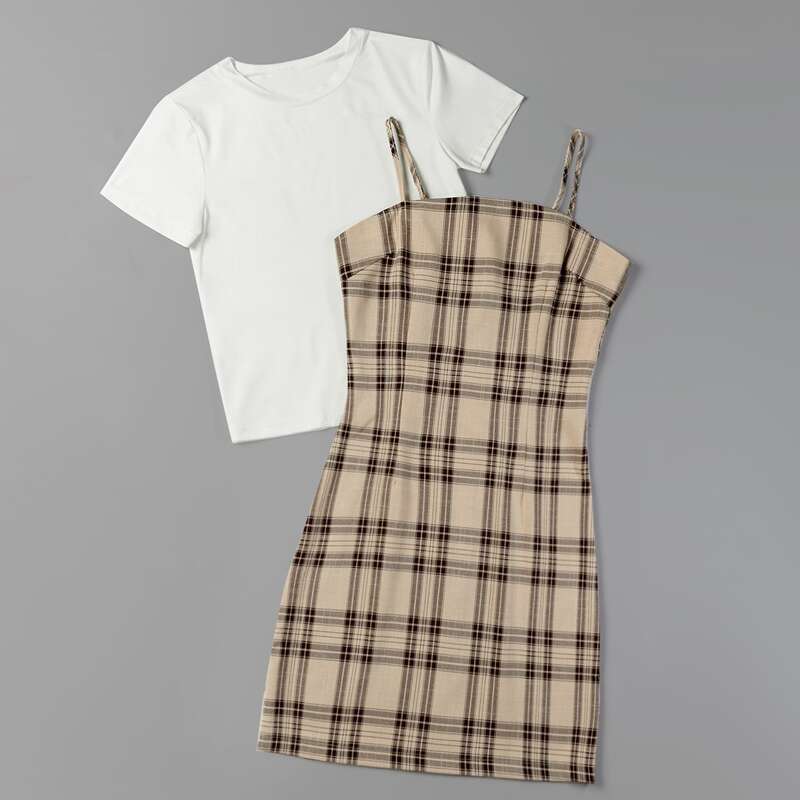 

Solid Tee & Plaid Cami Dress, Multicolor