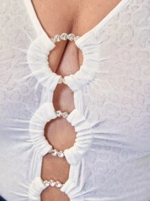 SHEIN SXY Body con aro O delantero con diamante de imitación - Blanco - Ver 4