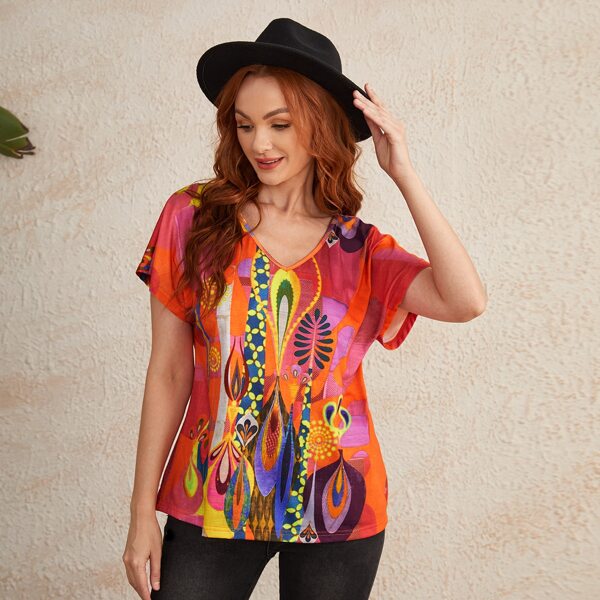 

V-neck Graphic Print Tee, Multicolor