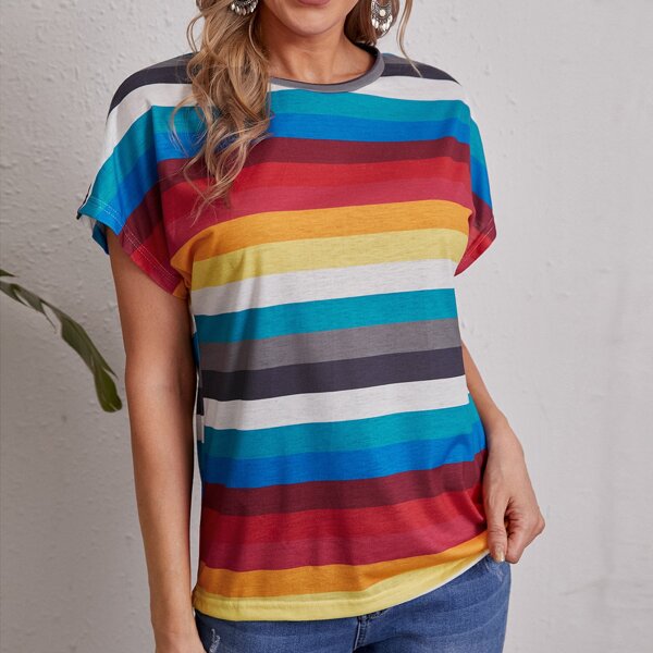 

Batwing Sleeve Rainbow Striped Tee, Multicolor