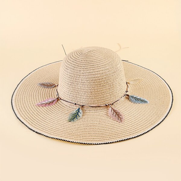 

Leaf Decor Wide Brim Straw Hat, Beige