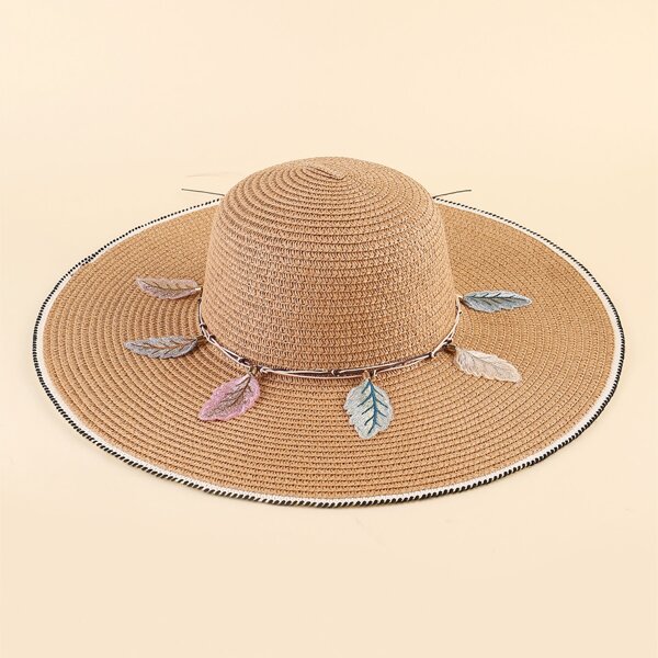 

Leaf Decor Wide Brim Straw Hat, Khaki