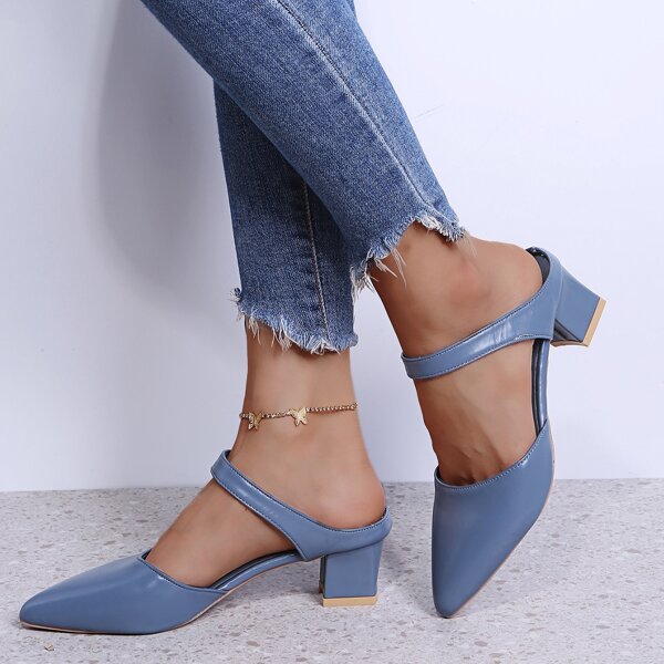 

Minimalist Point Toe Chunky Mules, Blue