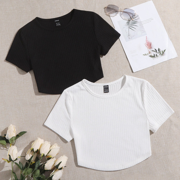 

2 Pack Rib-knit Tee, Black and white