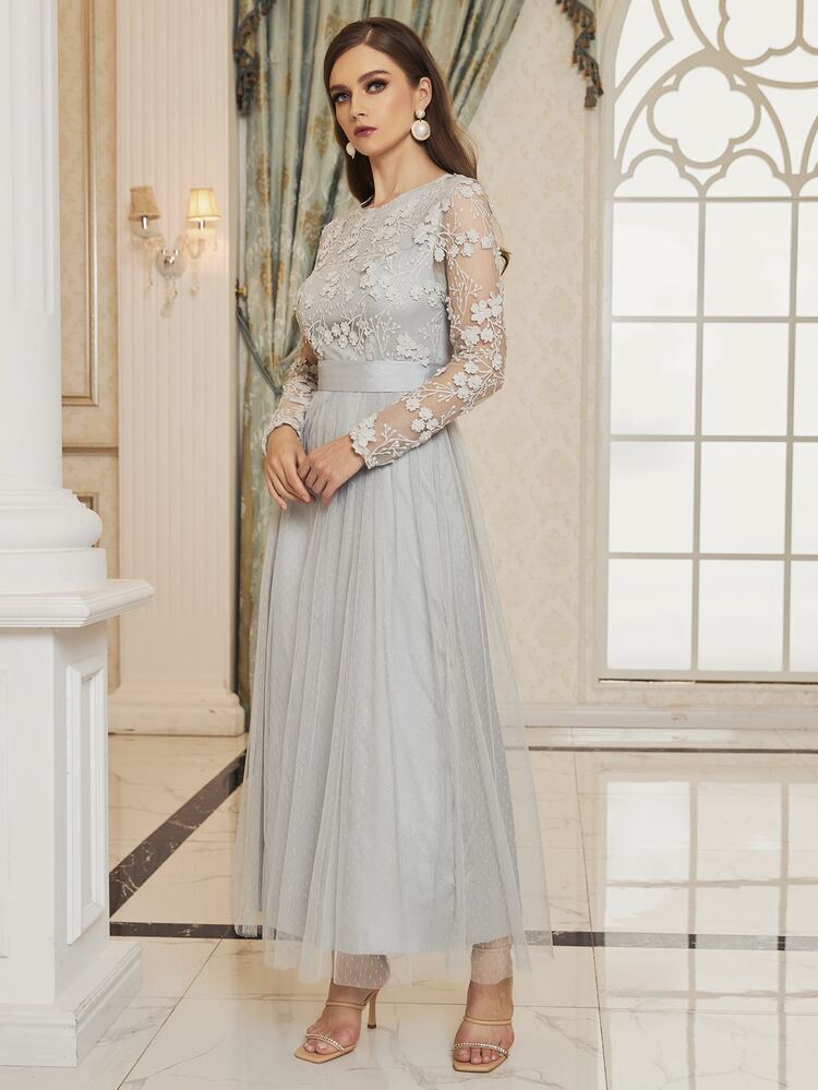 Applique Bodice Mesh Overlay Bridesmaid Dress - Light Grey - View 3