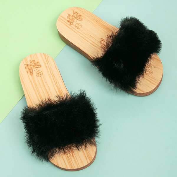 

Girls Minimalist Fluffy Slides, Black