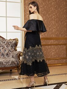 SHEIN Vestido de hombros descubiertos dibujo bordado - Negro - Ver 2