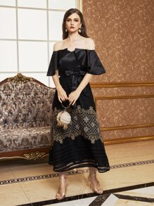 SHEIN Vestido de hombros descubiertos dibujo bordado - Negro - Ver 1