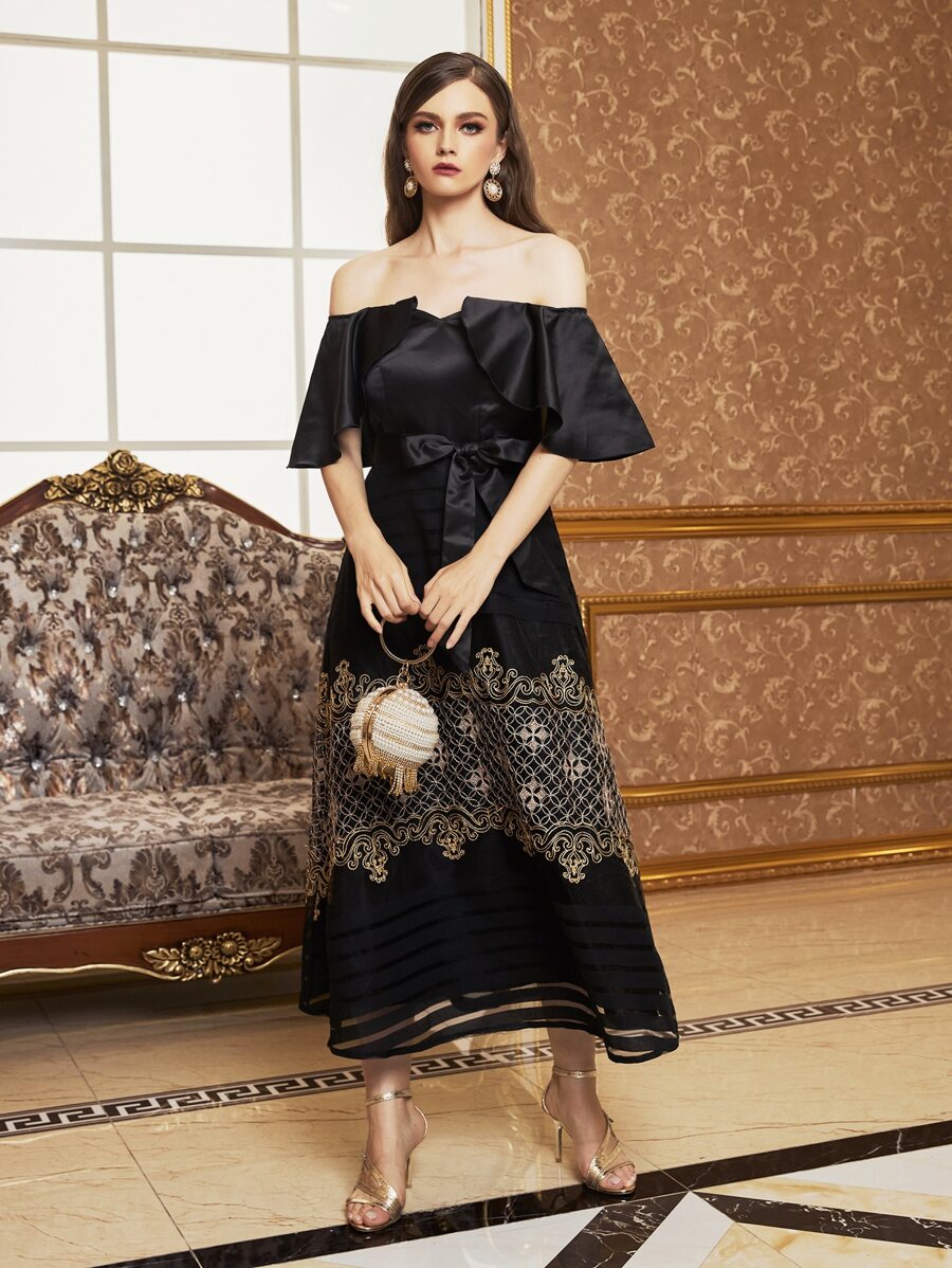 SHEIN Vestido de hombros descubiertos dibujo bordado - Negro - Ver 1