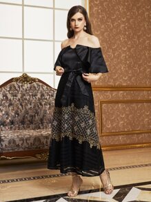 SHEIN Vestido de hombros descubiertos dibujo bordado - Negro - Ver 4