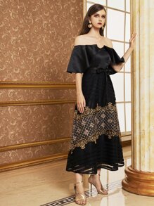 SHEIN Vestido de hombros descubiertos dibujo bordado - Negro - Ver 5