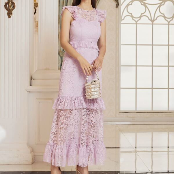 

Ruffle Trim Lace Overlay Dress, Lilac purple
