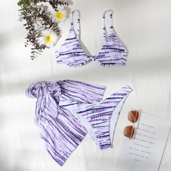 

3pack Brush Print Underwire Bikini Swimsuit & Cover Up, Purple