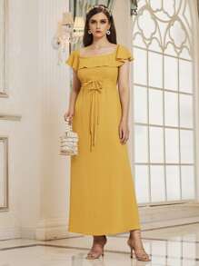 SHEIN Vestido ribete con fruncido de cintura con cordón - Amarillo - Ver 1