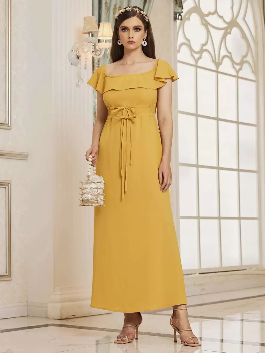 SHEIN Vestido ribete con fruncido de cintura con cordón - Amarillo - Ver 1