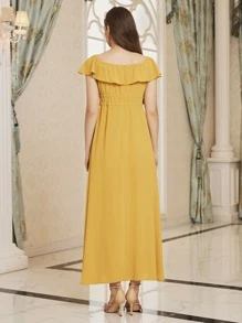 SHEIN Vestido ribete con fruncido de cintura con cordón - Amarillo - Ver 2