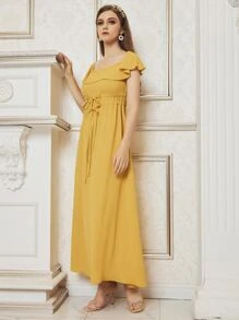 SHEIN Vestido ribete con fruncido de cintura con cordón - Amarillo - Ver 3
