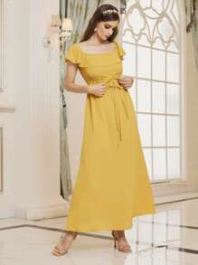SHEIN Vestido ribete con fruncido de cintura con cordón - Amarillo - Ver 4