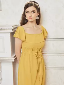 SHEIN Vestido ribete con fruncido de cintura con cordón - Amarillo - Ver 5
