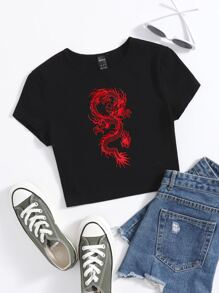 SHEIN EZwear 中國龍圖案T恤 - 黑色 - 查看 1