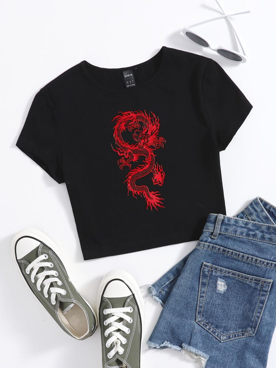 SHEIN EZwear 中國龍圖案T恤 - 黑色 - 查看 1