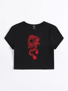 SHEIN EZwear 中國龍圖案T恤 - 黑色 - 查看 3