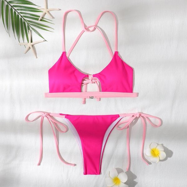 

Cut Out Tie Side Bikini Swimsuit, Hot pink