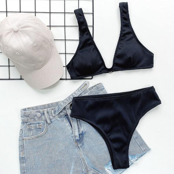 

Rib V Neck High Waisted Bikini Swimsuit, Black