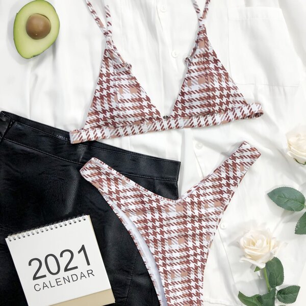 

Houndstooth Pattern High Cut Bikini Swimsuit, Multicolor