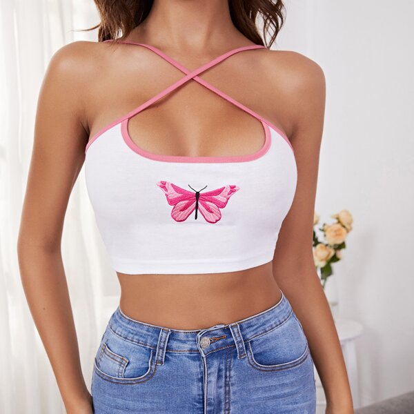 

Butterfly Embroidered Criss Cross Cami Top, White
