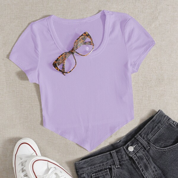

Asymmetrical Hem Rib-knit Top, Mauve purple