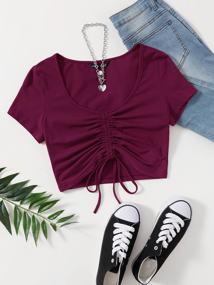 SHEIN Qutie Solid Drawstring Ruched Tee - Red Violet - View 1