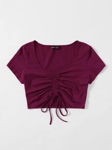 SHEIN Qutie Solid Drawstring Ruched Tee - Red Violet - View 3
