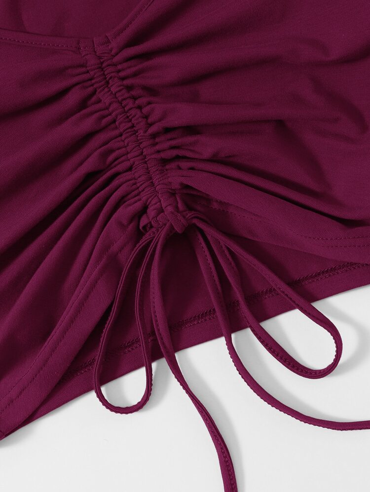 SHEIN Qutie Solid Drawstring Ruched Tee - Red Violet - View 5