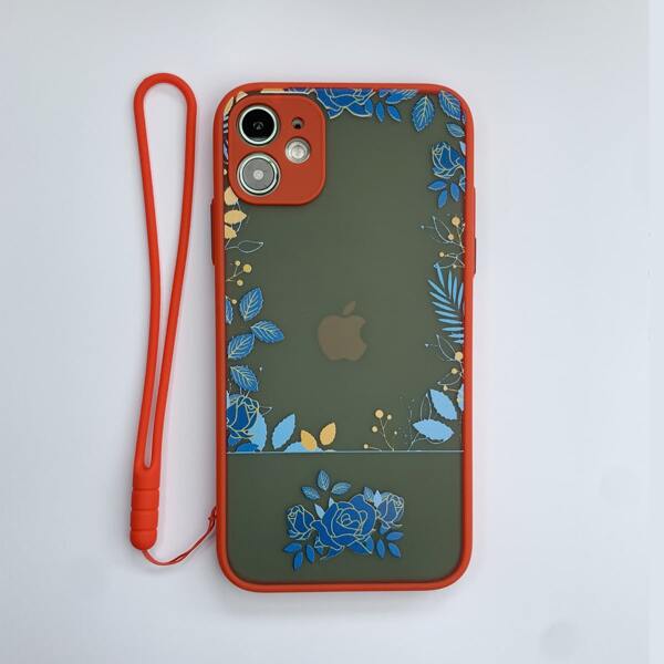

Rose & Leaf Print Phone Case With Lanyard, Red