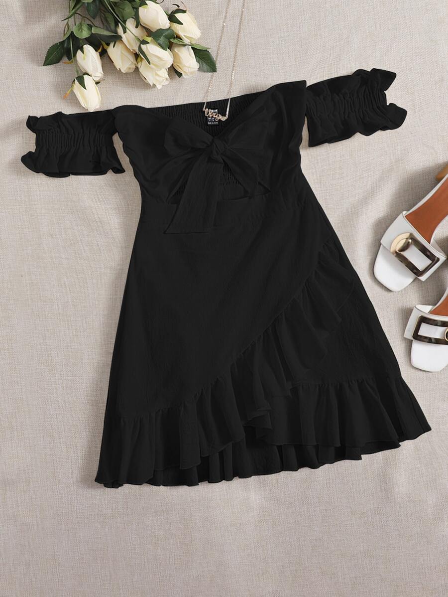 Soleia Off Shoulder Tie Front Wrap Hem Dress - Black - View 1