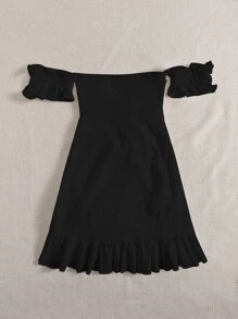 Soleia Off Shoulder Tie Front Wrap Hem Dress - Black - View 2