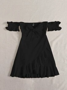Soleia Off Shoulder Tie Front Wrap Hem Dress - Black - View 4