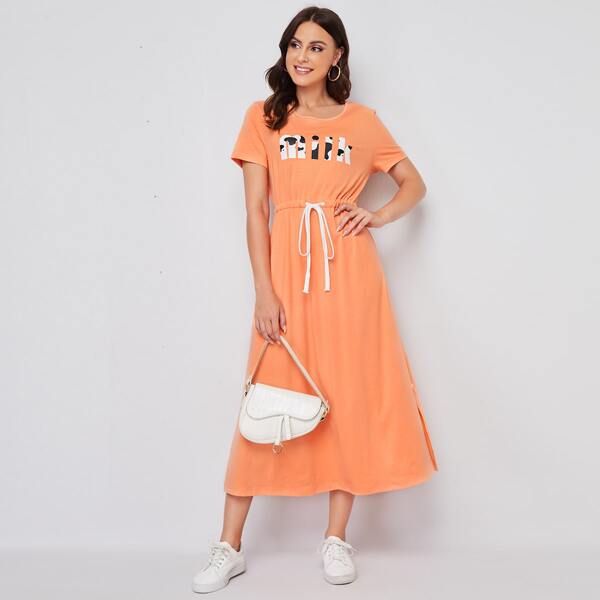 

Letter Graphic Drawstring Waist Dress, Orange