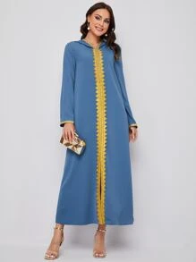 Al Najma Embroidered Applique Split Hem Djellaba - Dusty Blue - View 1