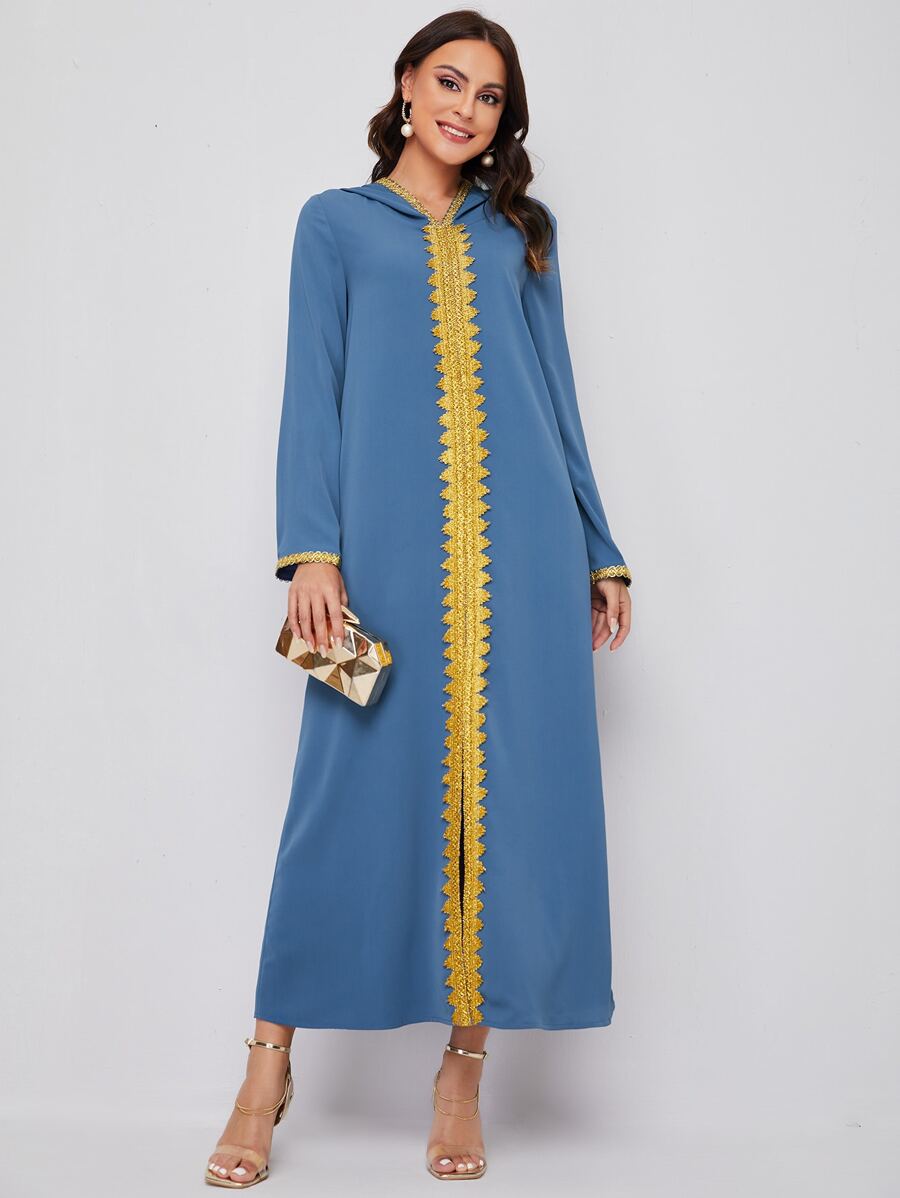 Al Najma Embroidered Applique Split Hem Djellaba - Dusty Blue - View 1