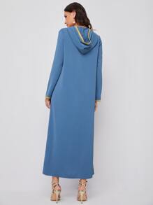 Al Najma Embroidered Applique Split Hem Djellaba - Dusty Blue - View 2