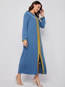 Al Najma Embroidered Applique Split Hem Djellaba - Dusty Blue - View 3