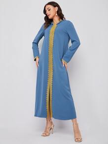 Al Najma Embroidered Applique Split Hem Djellaba - Dusty Blue - View 4