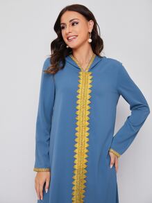 Al Najma Embroidered Applique Split Hem Djellaba - Dusty Blue - View 5