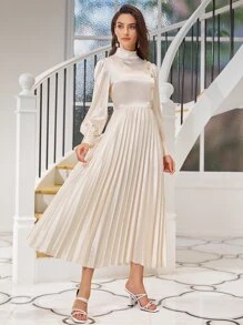SHEIN Belle Đầm Nút viền lá sen Dây kéo Nút phía trước Tất cả trên in Thanh lịch - Màu be - Xem 1