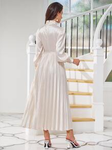 SHEIN Belle Đầm Nút viền lá sen Dây kéo Nút phía trước Tất cả trên in Thanh lịch - Màu be - Xem 2